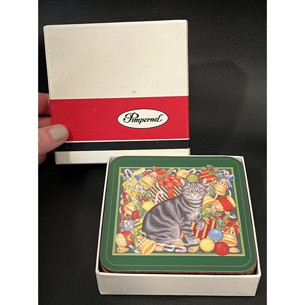 Pimpernel Christmas Cat Coaster Collection Cork Back ~ Boxed Set of 6
